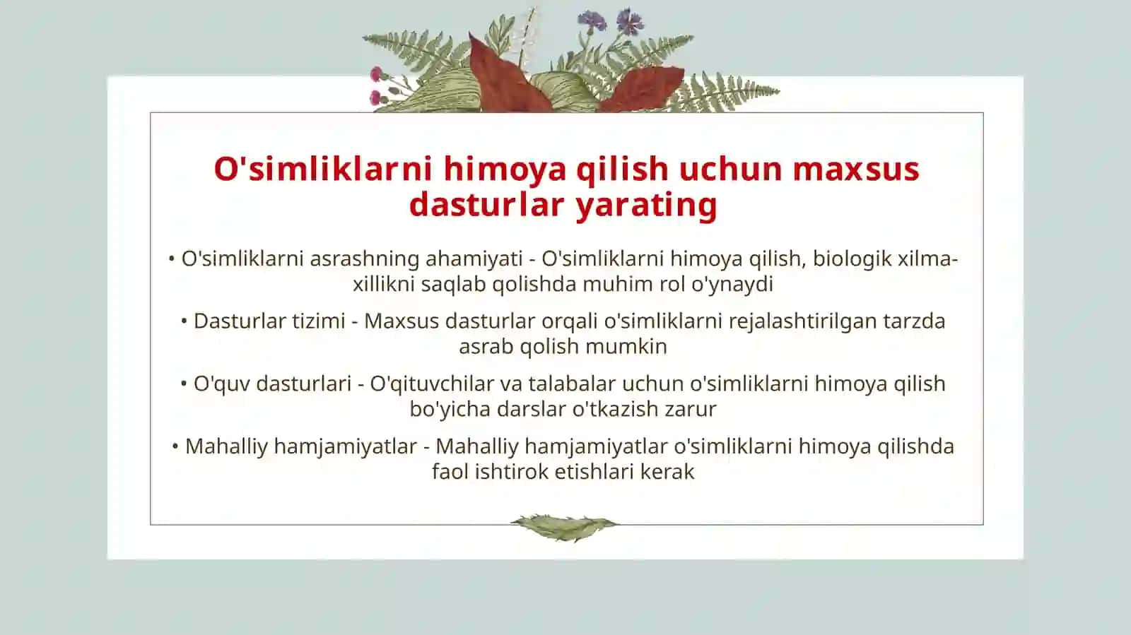Tabiat, atrof-muhit va uning xavfsizligiga ko'riladigan chora-tadbirlar 4