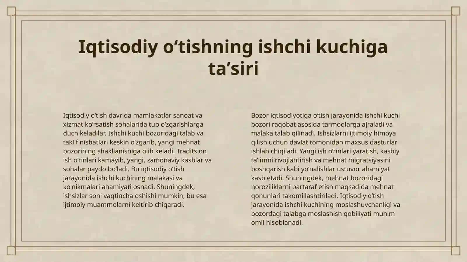 OʻZBEKISTONDA BOZOR IQTISODIYOTIGA OʻTISH DAVRIDA ISHCHI KUCHI BOZORINI SHAKLLANTIRISH, ISHSIZLARNI IJTIMOIY HIMOYA QILISH BORASIDA DAVLATNING TADBIRLARI 4