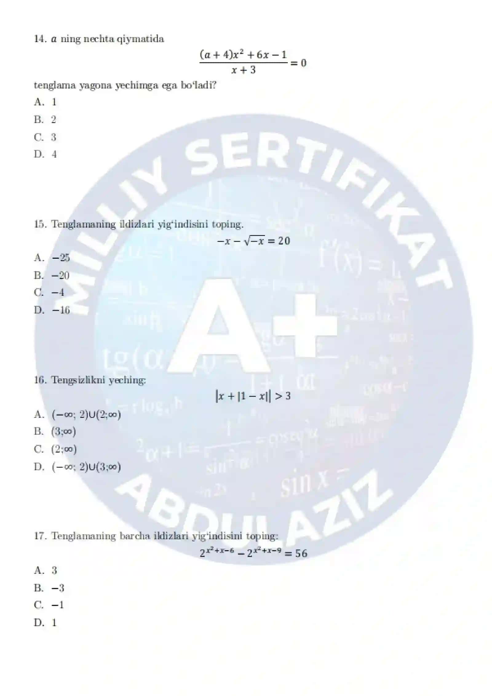 📚"Matematika Milliy Sertifikat — MOCK TEST | To‘liq sinov varianti" 4