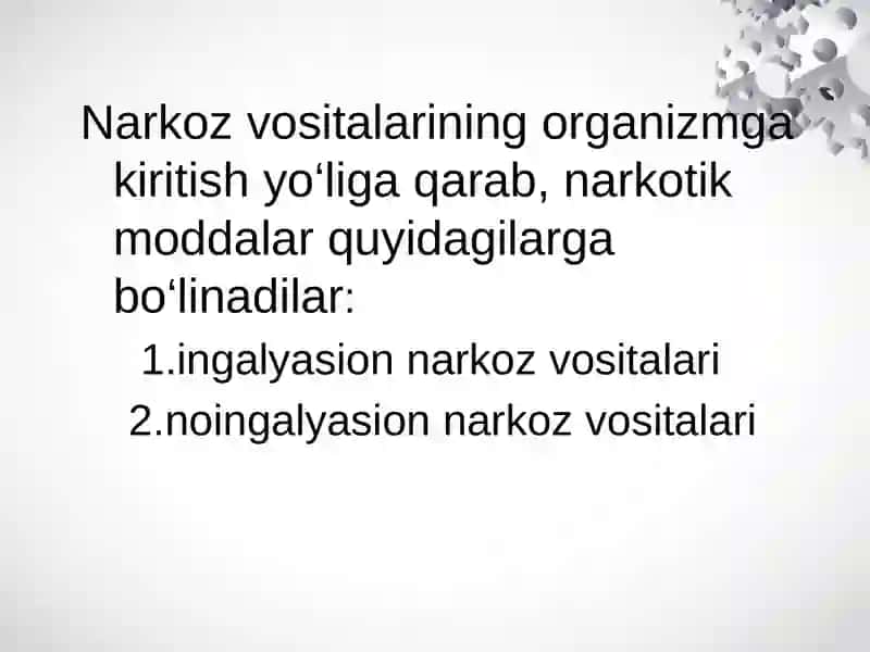 Narkoz vositalari. Etil  spirti. Uxlatuvchi vositalar. Alkogolizm va uning asoratlari. 4