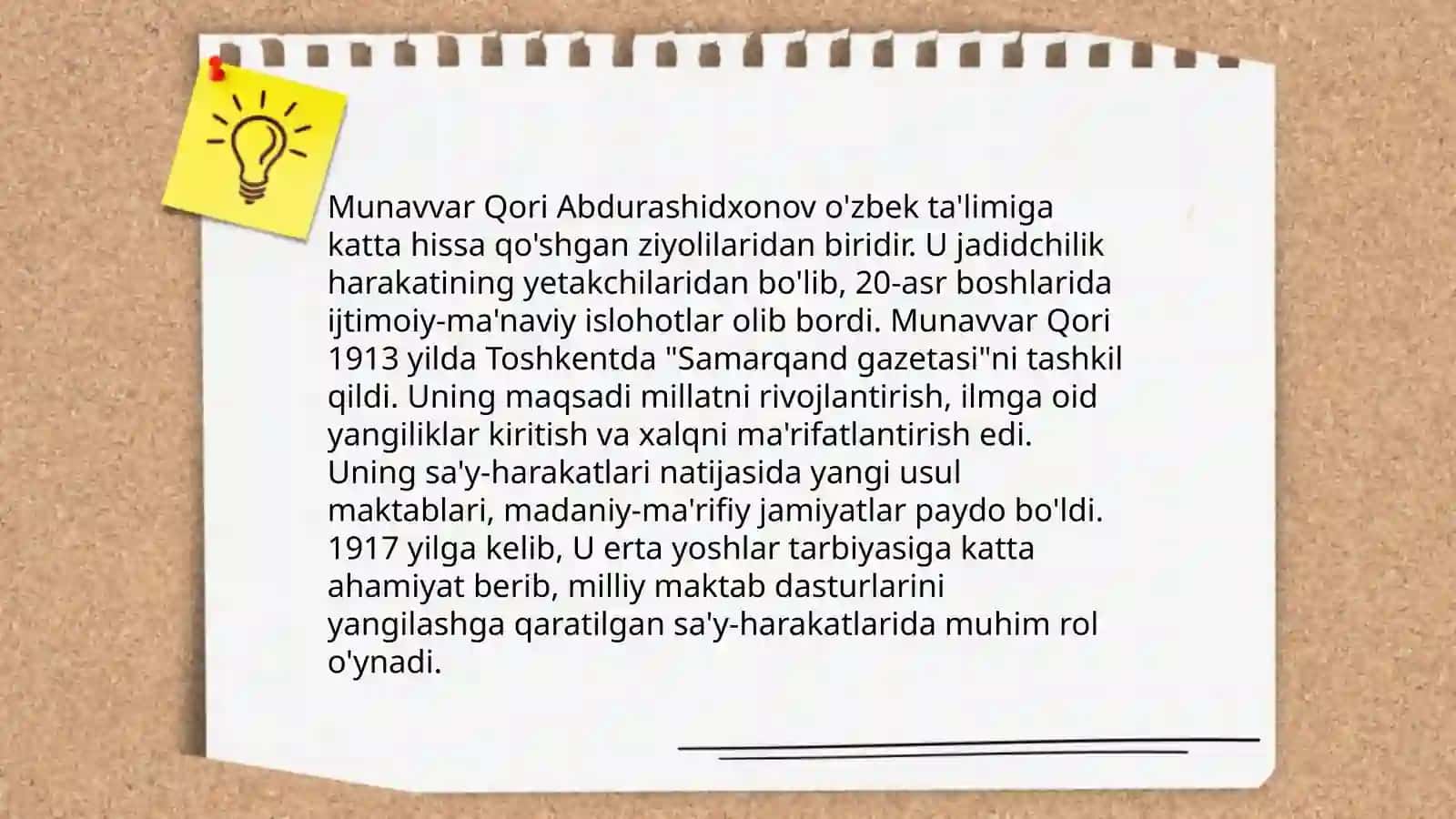 Jadid ma'rifatparvarlarning oʻlka ijtimoiy-ma'naviy hayotida tutgan oʻrni (Munavvar Qori,Fitrat,Behbudiy,Avloniy va b.sh.q) mavzuga oid manbalarni tahlil qilish 4