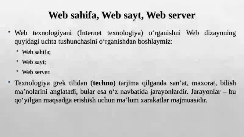 Web texnologiyaga kirish. Asosiy tushunchalar. WWWning rivojlanish bosqichlari. Klient-server texnologiyalari, internet protokollar. Web ilovaning tarkibiy qismlari. Frontend va backend texnologiyalar. 4