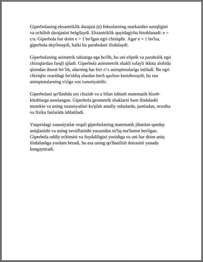 GIPERBOLA TARIFI. KANONIK TENGLAMASI, XOSSALARI 4