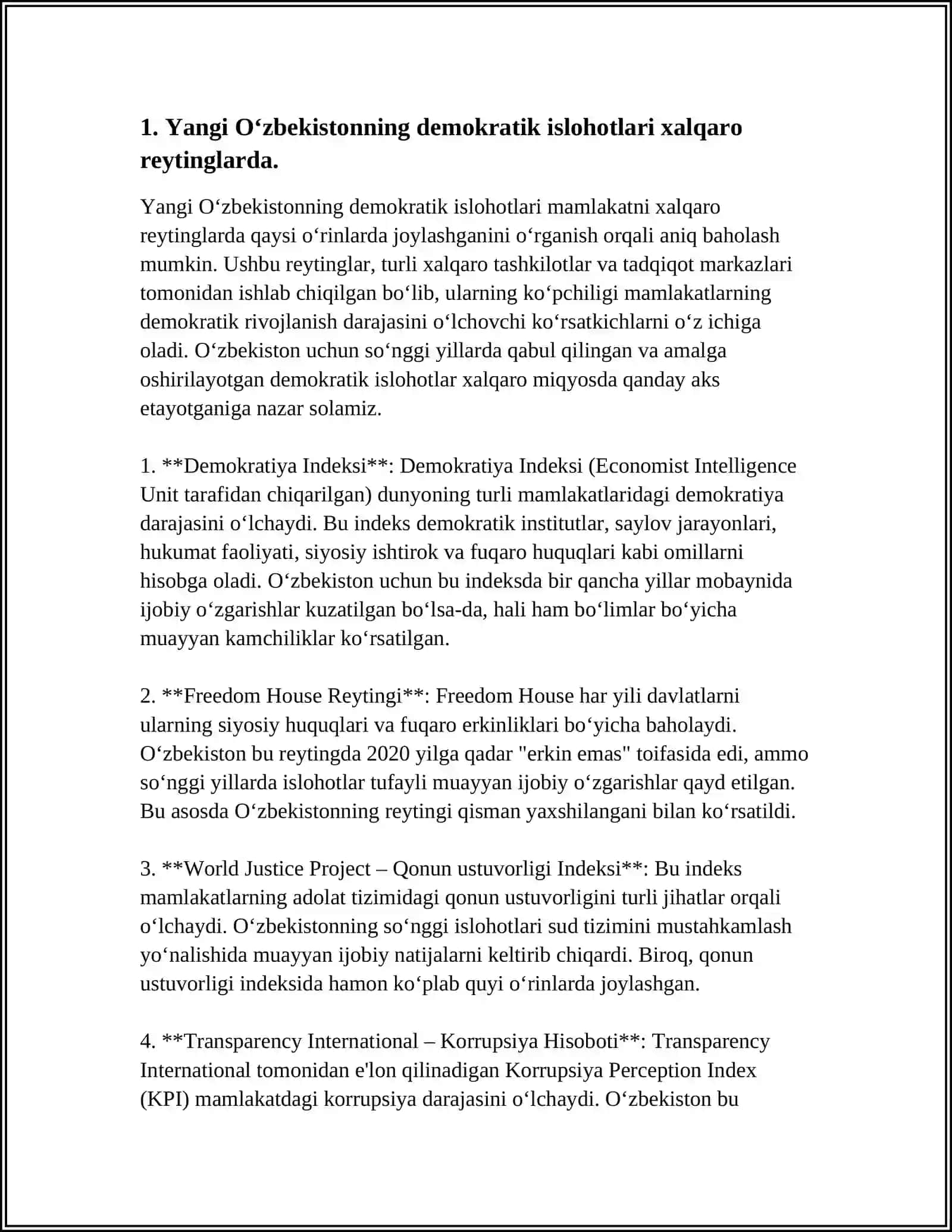 YANGI O‘ZBEKISTON IJTIMOIY-SIYOSIY, IQTISODIY VA MADANIY HAYOTIDA ROʻY BERAYOTGAN OʻZGARISHLARNING XALQARO REYTING VA INDEKSLARDA AKS ETISHI 4
