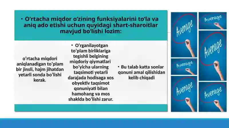 O‘rtacha miqdorlar, statistik tasniflash va guruhlash metodi 4