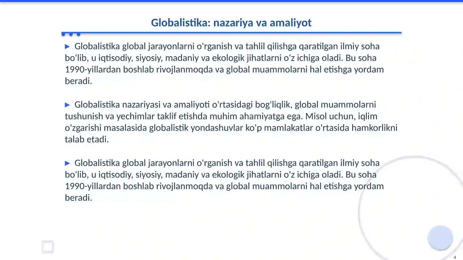 Globallashuv, globalistika va barqaror taraqqiyot jarayonlarining mohiyati 4