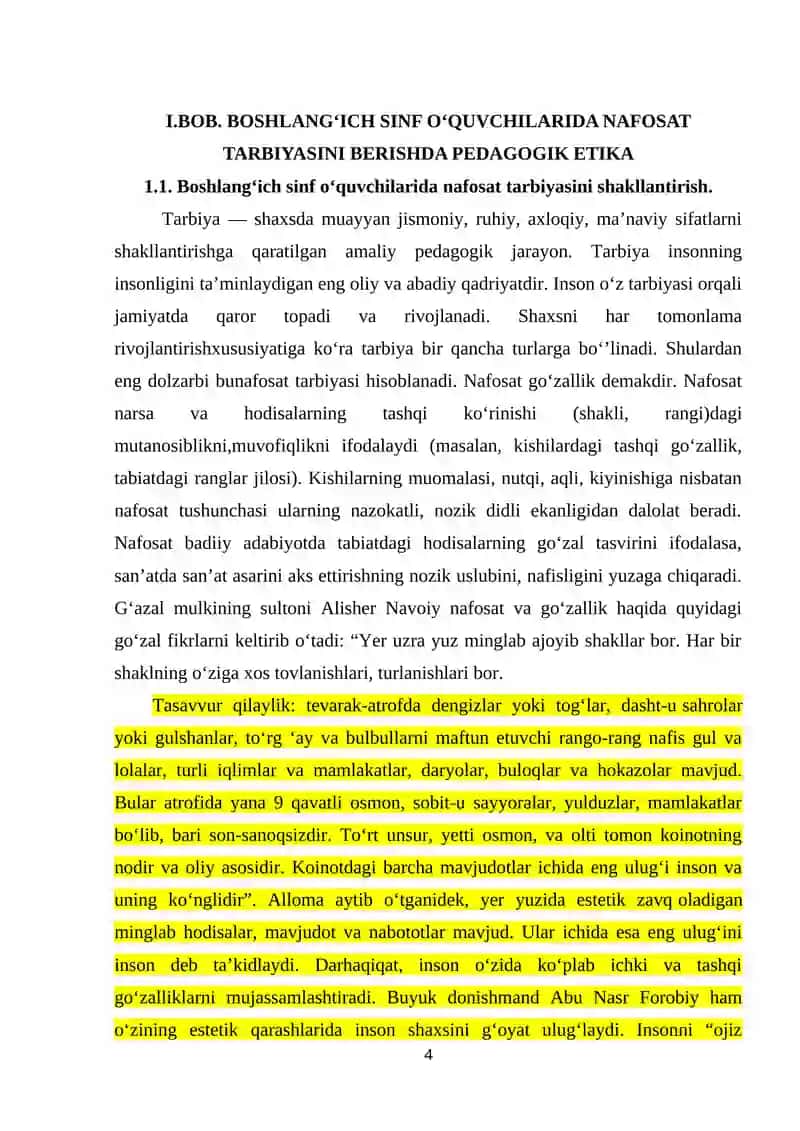 BOSHLANGʻICH SINF OʻQUCHILARIGA NAFOSAT TARBIYASINI BERISHDA PEDAGOGIK MAHORATNING TUTGAN O‘RNI KURS ISHI 4