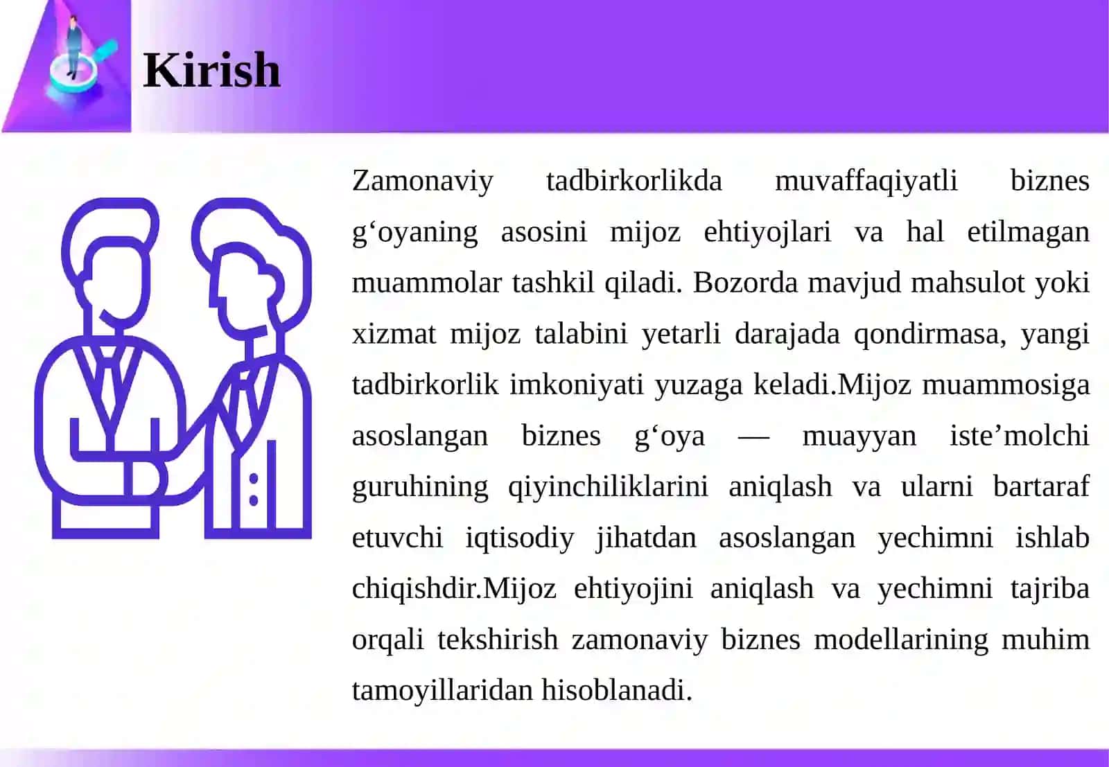MIJOZ MUAMMOSI ASOSIDA BIZNES G‘OYANI SHAKLLANTIRISH 4