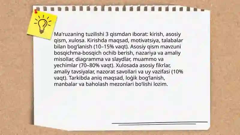 Mutaxassislik fanlarini oʻqitishning ma'ruza shakli va ularga qòyiladigan talablar 4
