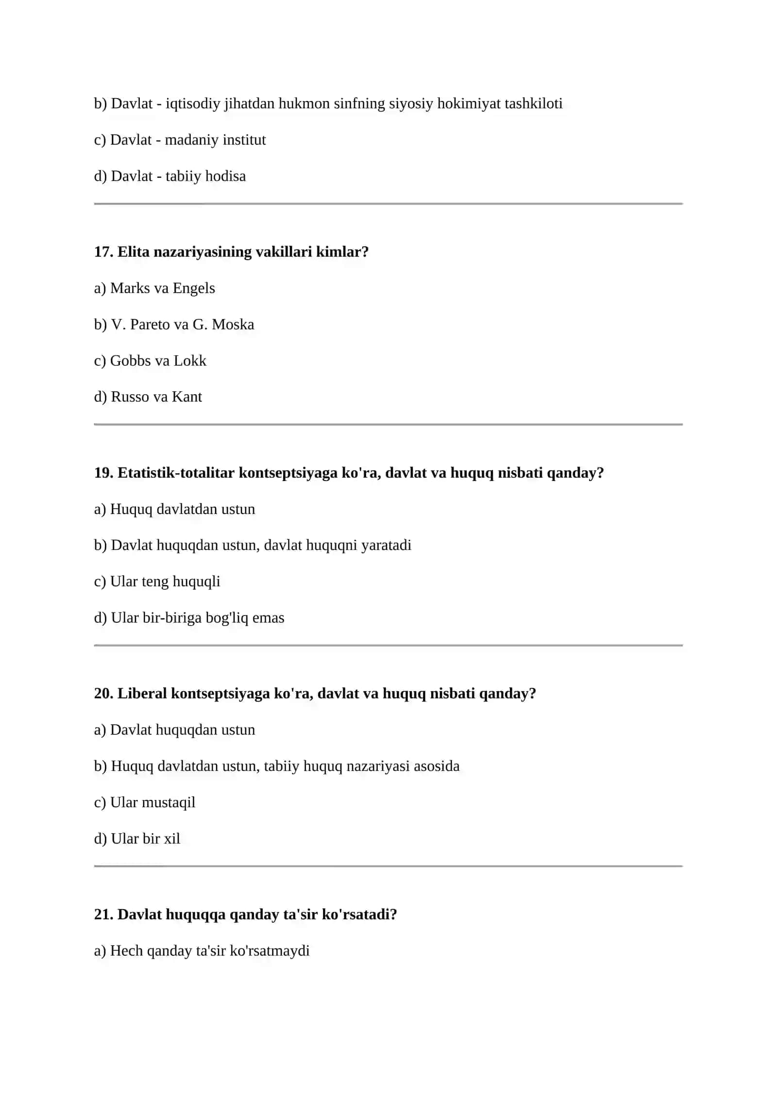Davlat va huquq tushunchasi bo'yicha test savollari 4
