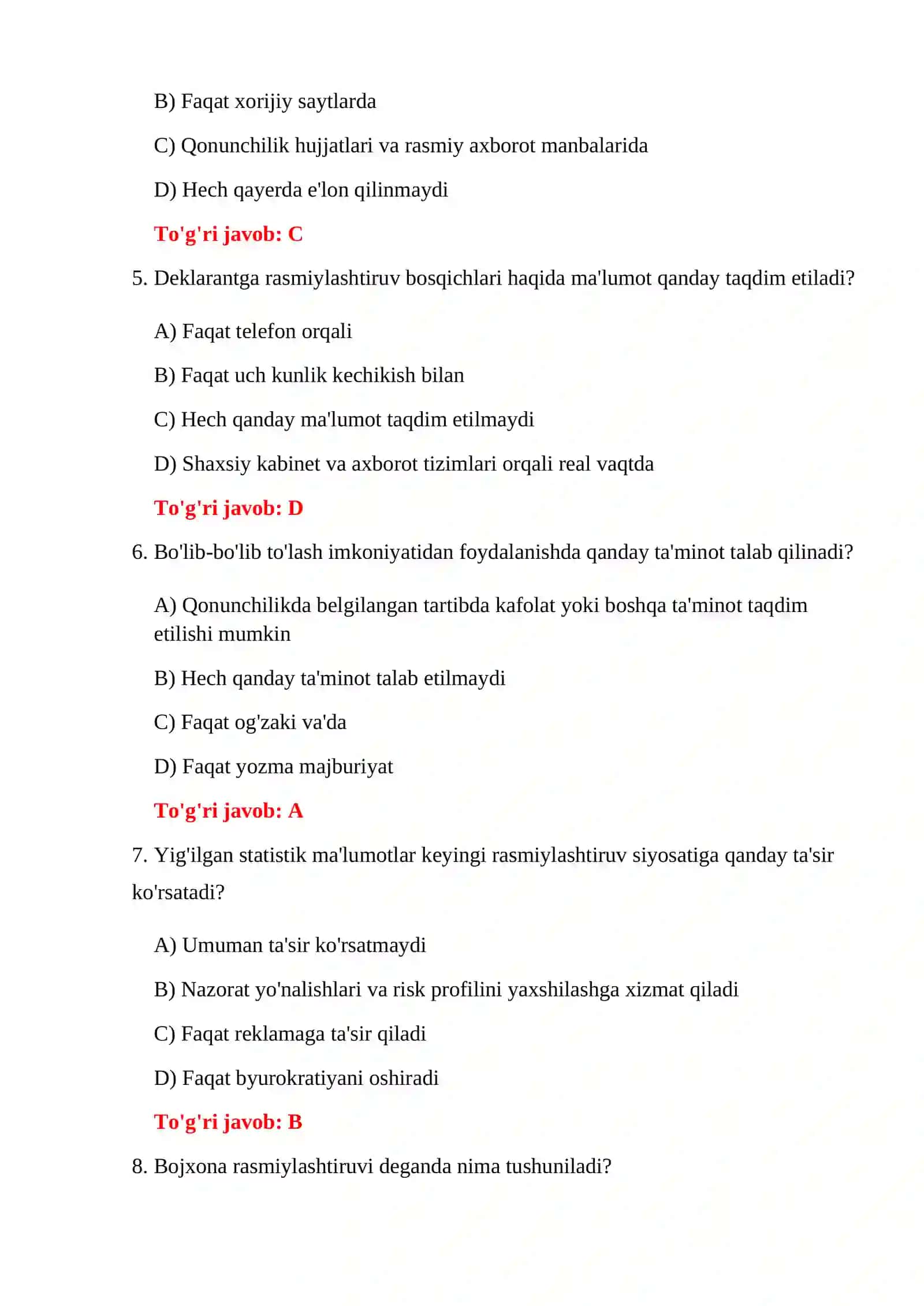 BOJXONA RASMIYLASHTIRUVI BO'YICHA YAKUNIY TEST 4