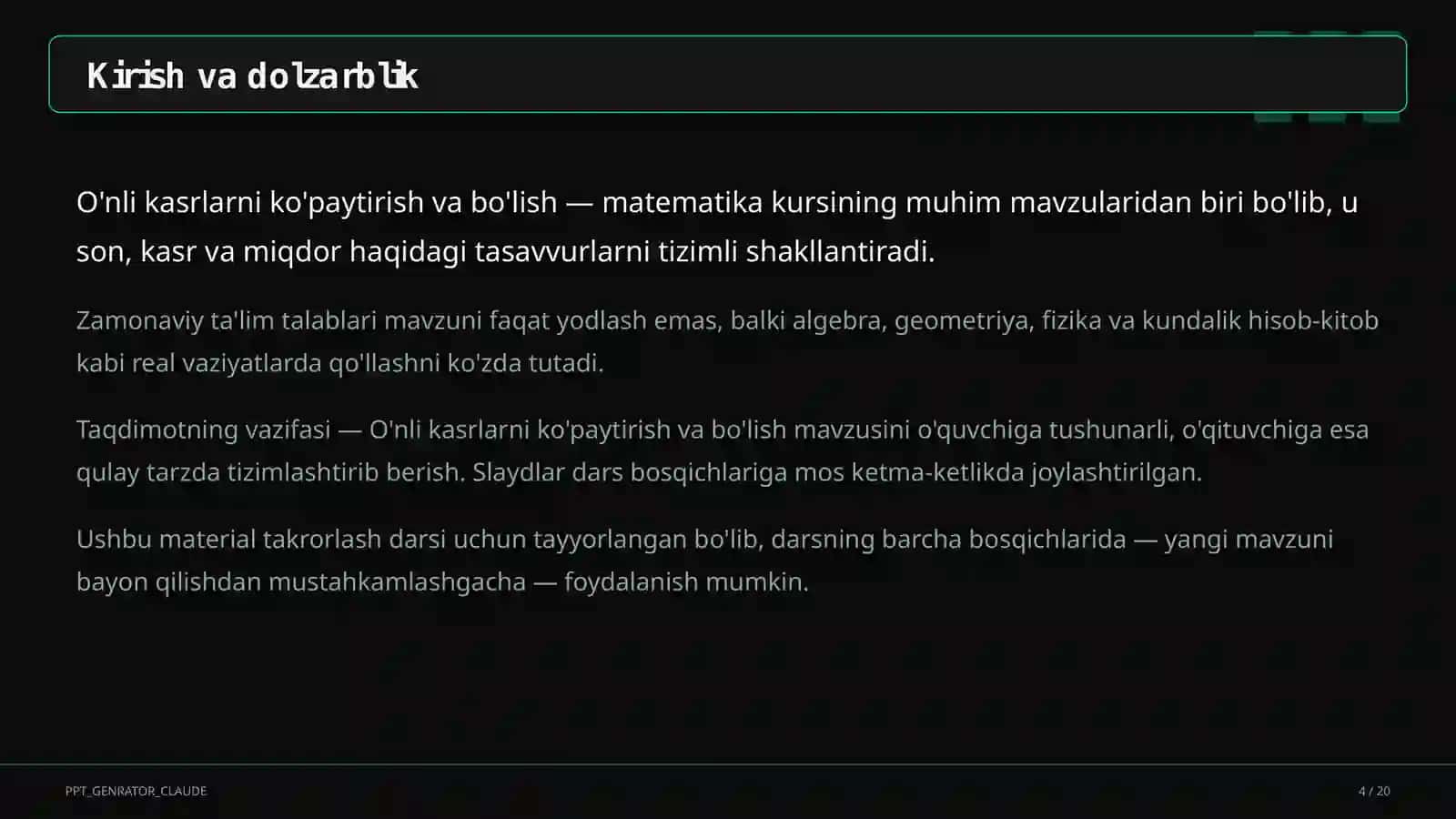 O'nli kasrlarni ko'paytirish va bo'lish (5-sinf) 4