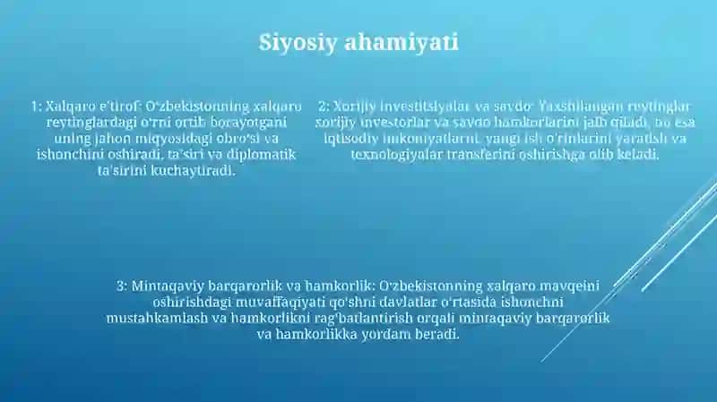 Oʻzbekistonning Xalqaro Reytinglardagi KoʻRsatgichlarini KoʻTarishning Tarixiy Va Siyosiy Ahamiyati 4