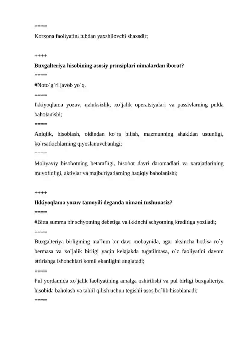 BUXGALTERIYA HISOBINING FUNDAMENTAL ASOSLARI FANIDAN YAKUNIY NAZORAT TESTLARI 4