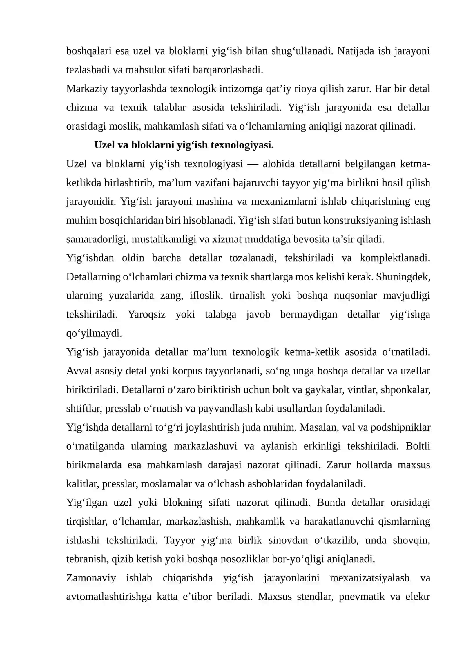 mustaqil ish Uzel va bloklarni markaziy tayyorlash va yig‘ish jarayonlarini o‘rganish. 4