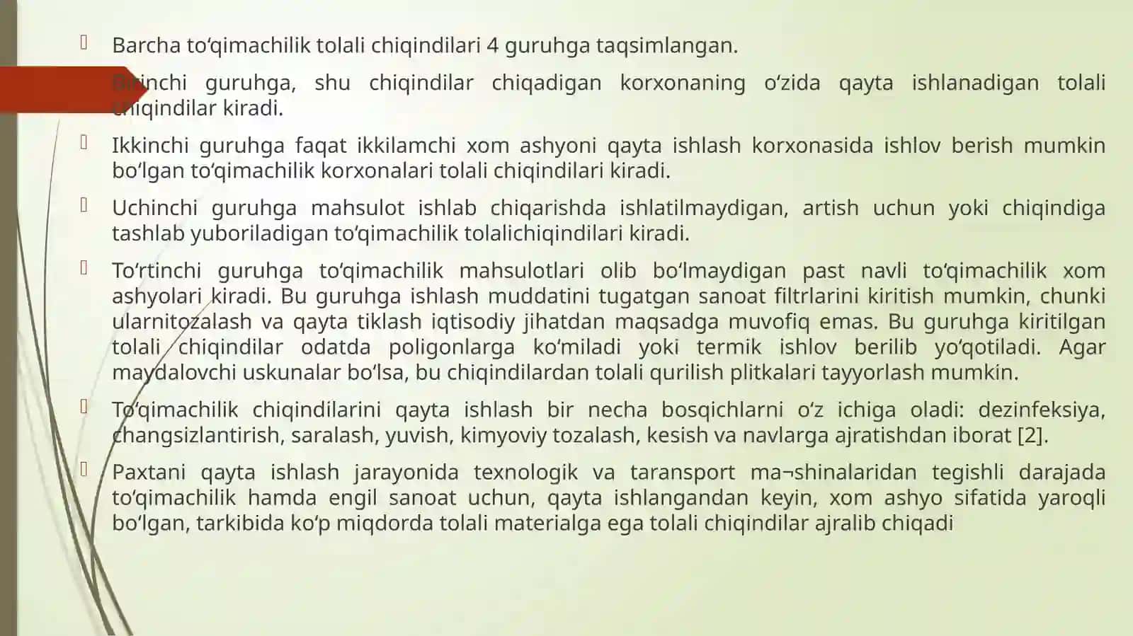 Yengil sanoat mahsulotlari tayyorlash korxonalari qoldiqlarini utilizatsiyalash va ikkilamchi mahsulotlar olish.Oqovasuvlarnitozalashvaikkilamchifoydalanish 4