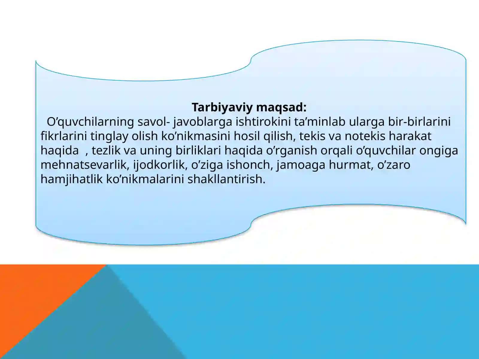 7-sinf Fizika fanidan To'g'ri chiziqli tekis harakatda tezlik va yo'l mavzusida dars ishlanma 4