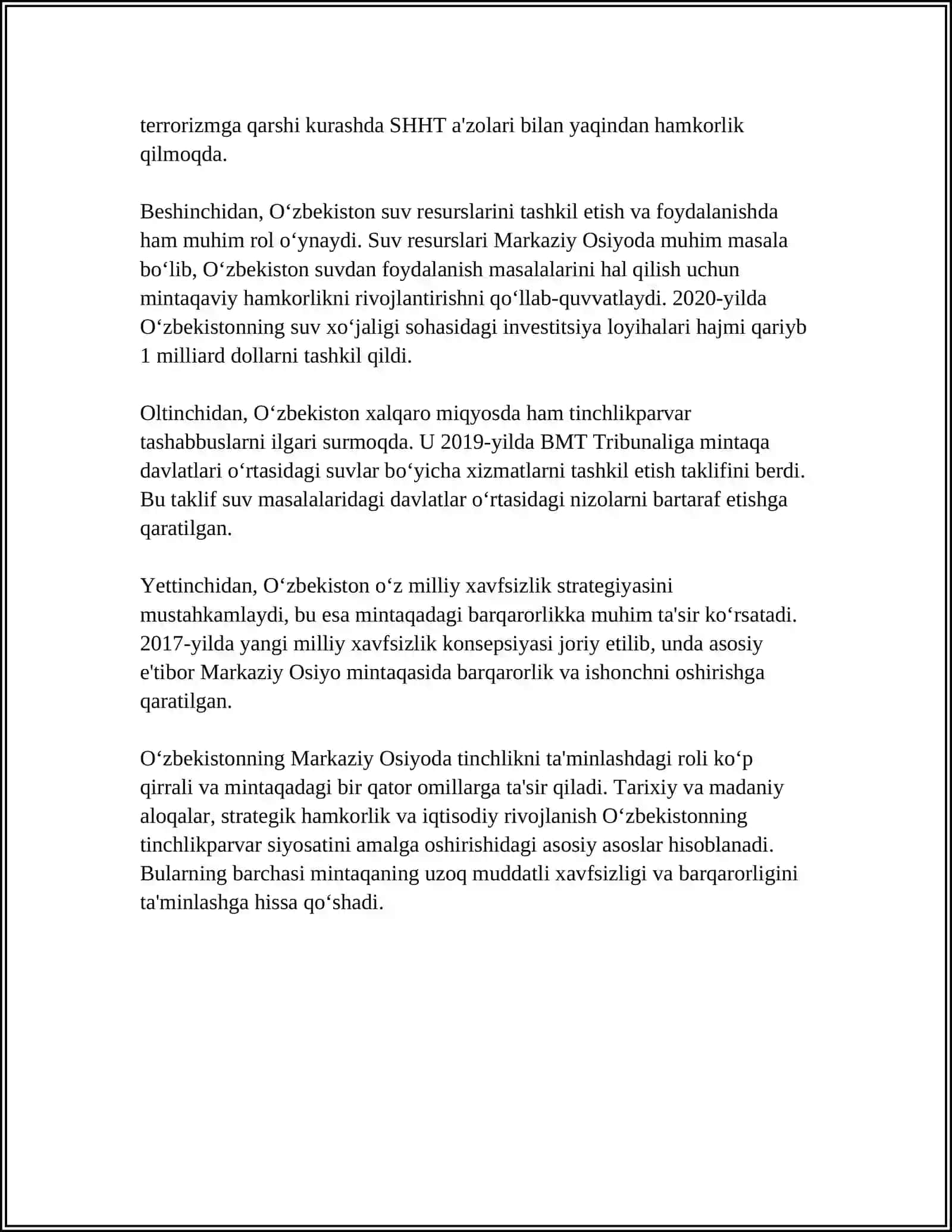 O‘zbekistonning MARKAZIY OSIYODA TINCHLIK VA BARQARORLIKNI TAMIRLASHDAGI O‘RNI 4