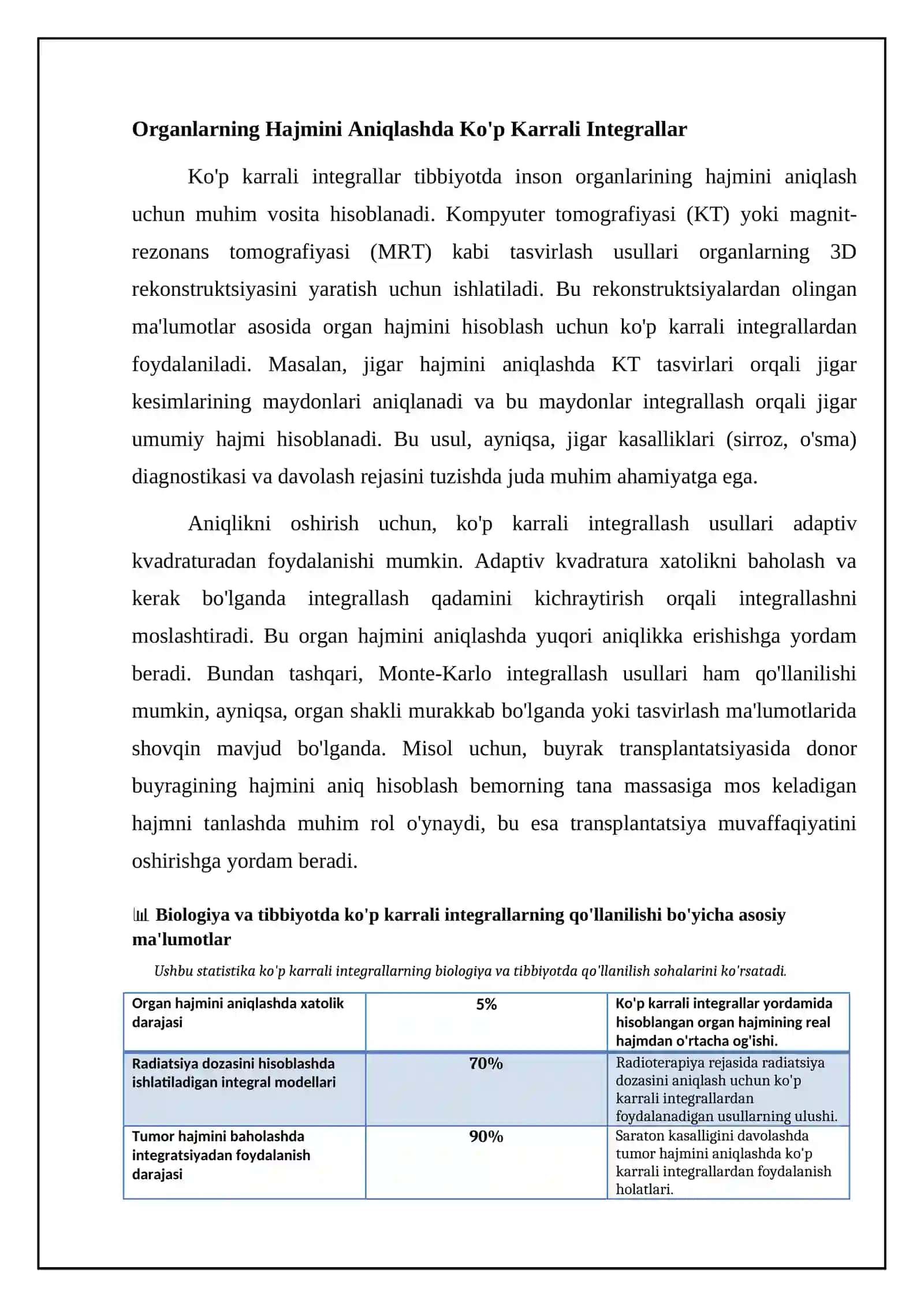 Biologiya va tibbiyotda koʻp karrali integrallarning asosiy qoʻllanilishi 4