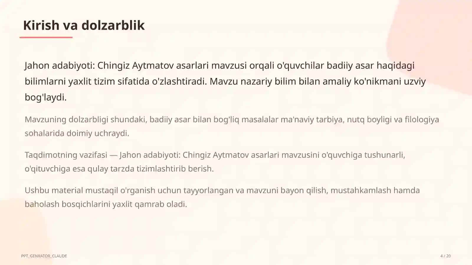 Jahon adabiyoti: Chingiz Aytmatov asarlari (11-sinf) 4