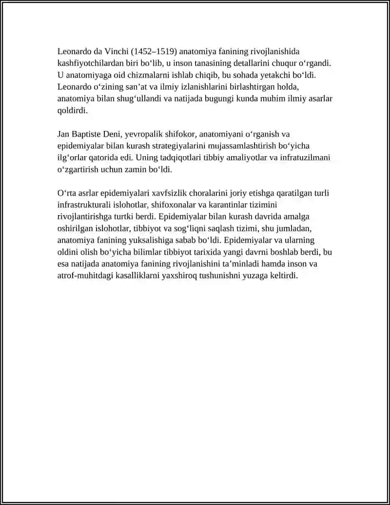 O'RTA ASRDAGI EPIDEMIYALAR VA ULARGA QARSHI KURASH UYGʻONISH DAVRIDA ANATOMIK BOʻLIMLARNING RIVOJLANTIRISHI 4
