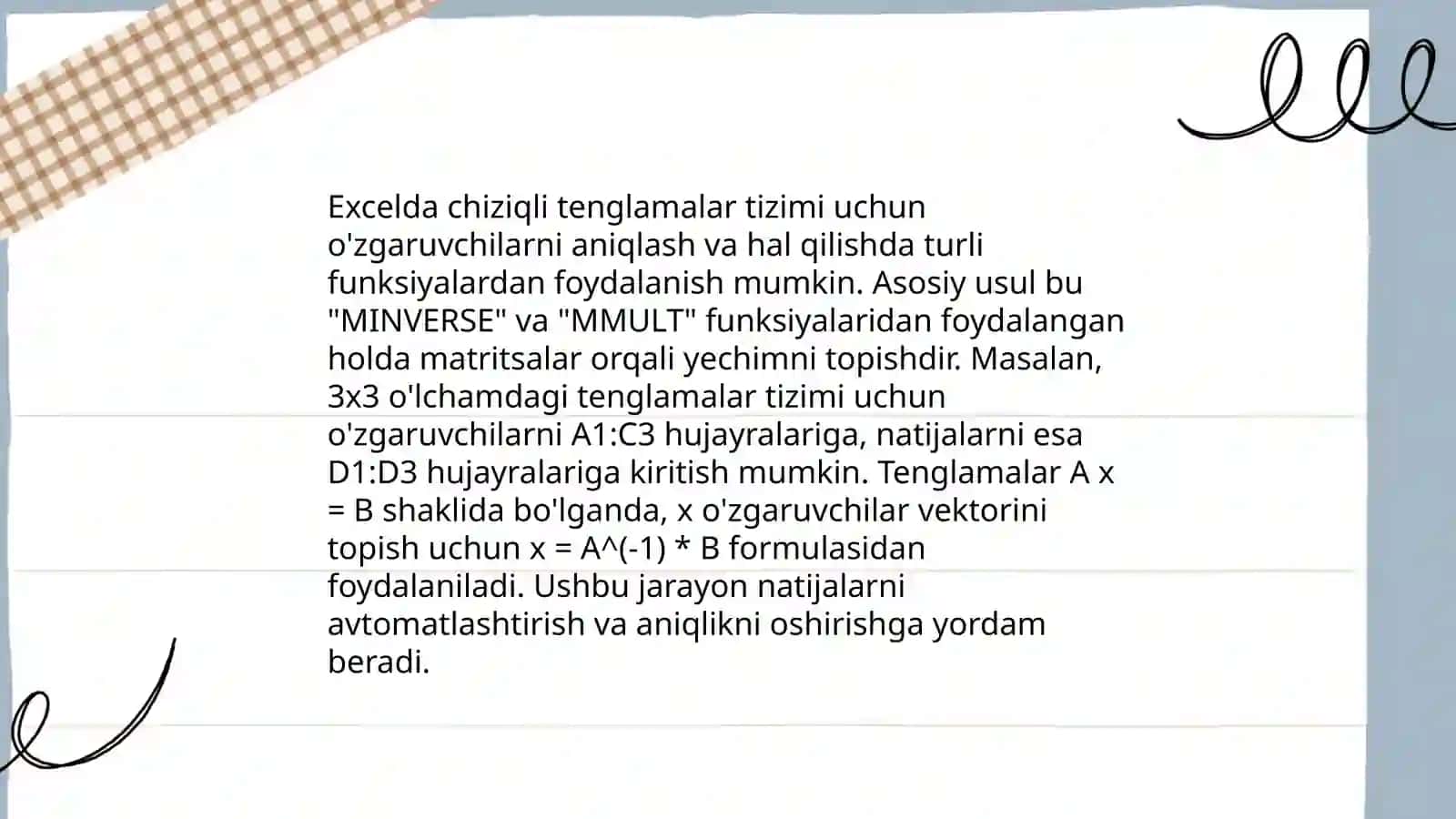 MS Excel dasturi clektron jadvalida chizigli algebraik tenglamalar sistemasini Aktamov Shahzod 4