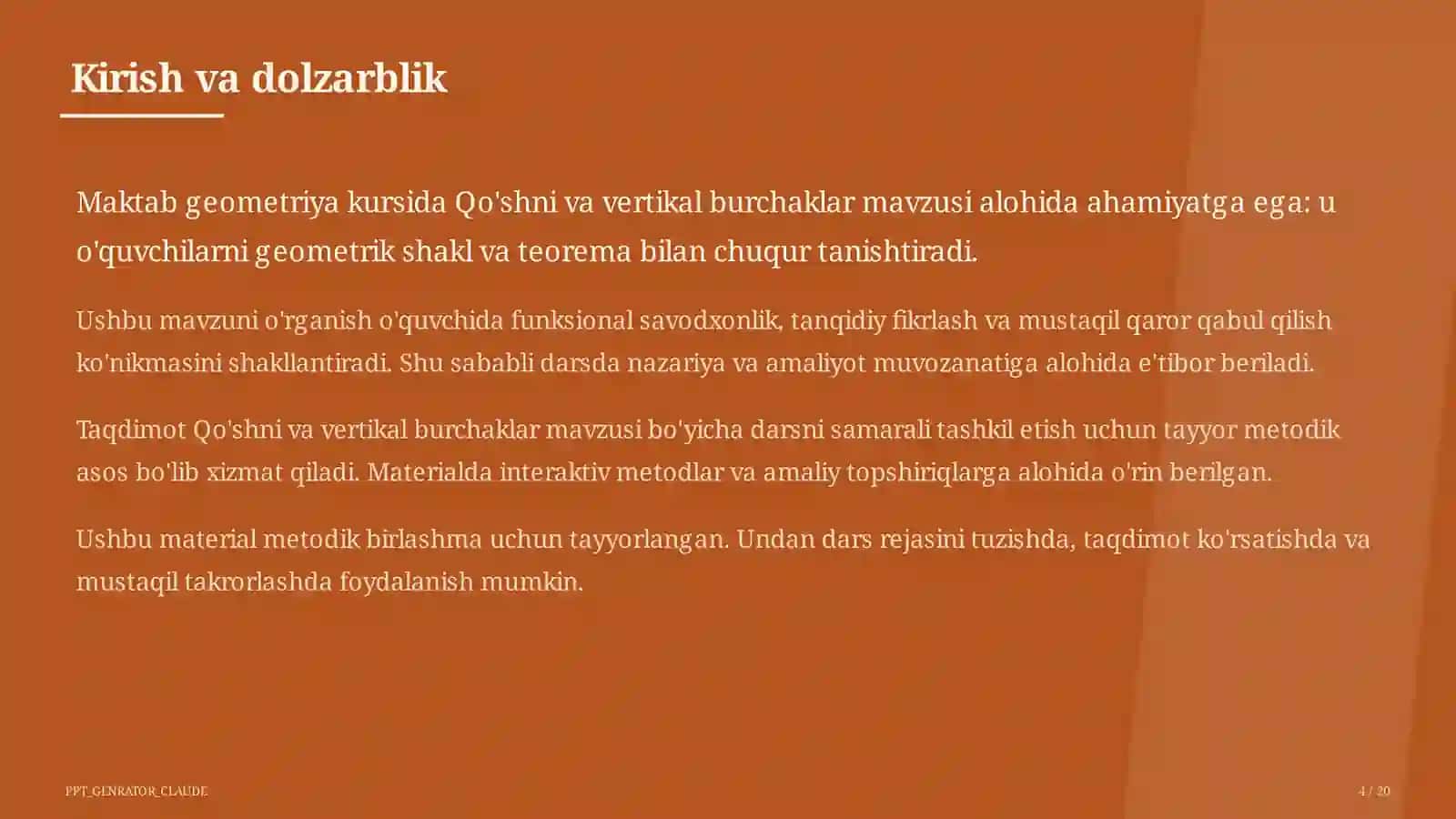 Qo'shni va vertikal burchaklar (7-sinf) 4