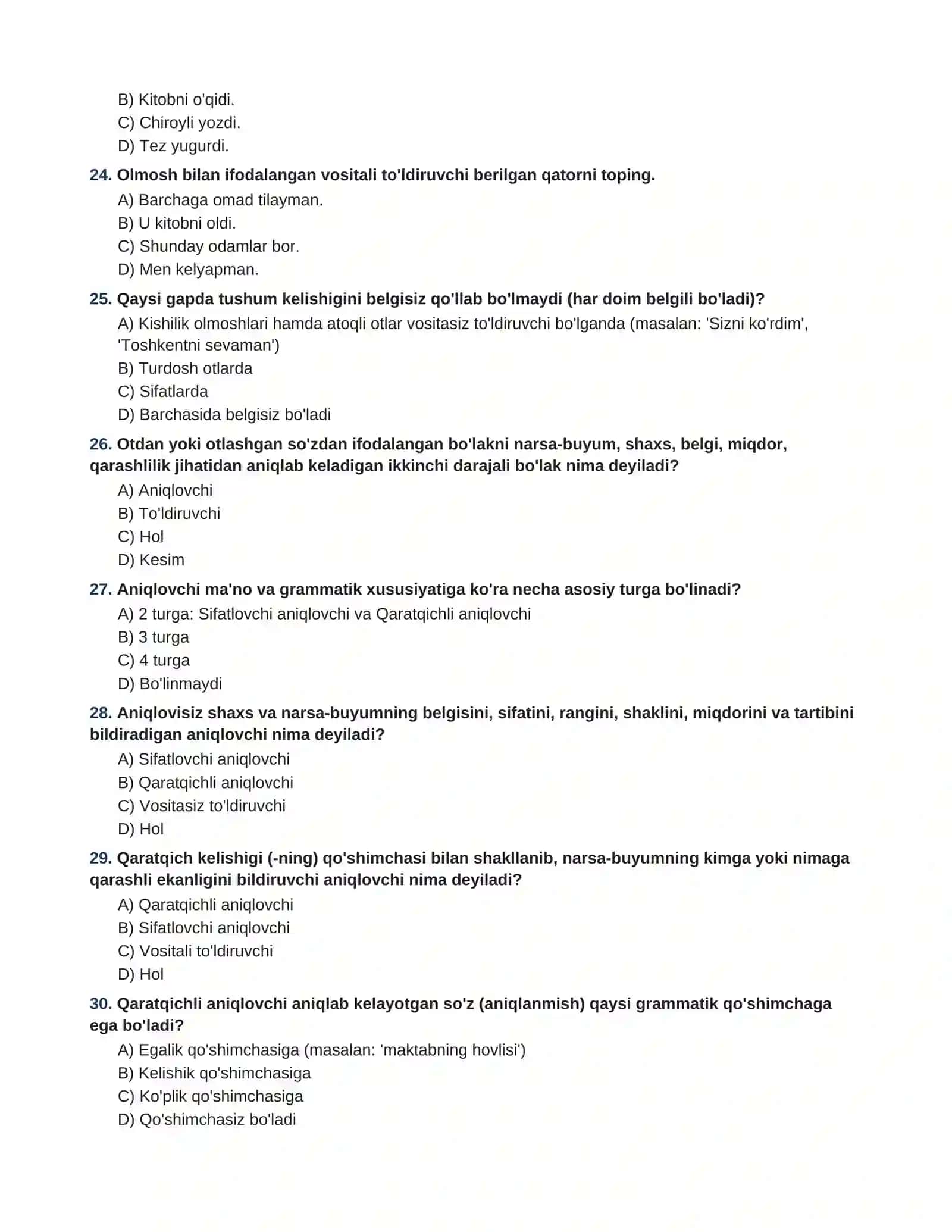 ONA TILI VA ADABIYOT  GAPNING IKKINCHI DARAJALI BO'LAKLARI (TO'LDIRUVCHI,  ANIQOLVCHI VA HOL) 100 TA TEST TOPSHIRIQLARI VA JAVOBLARI 4