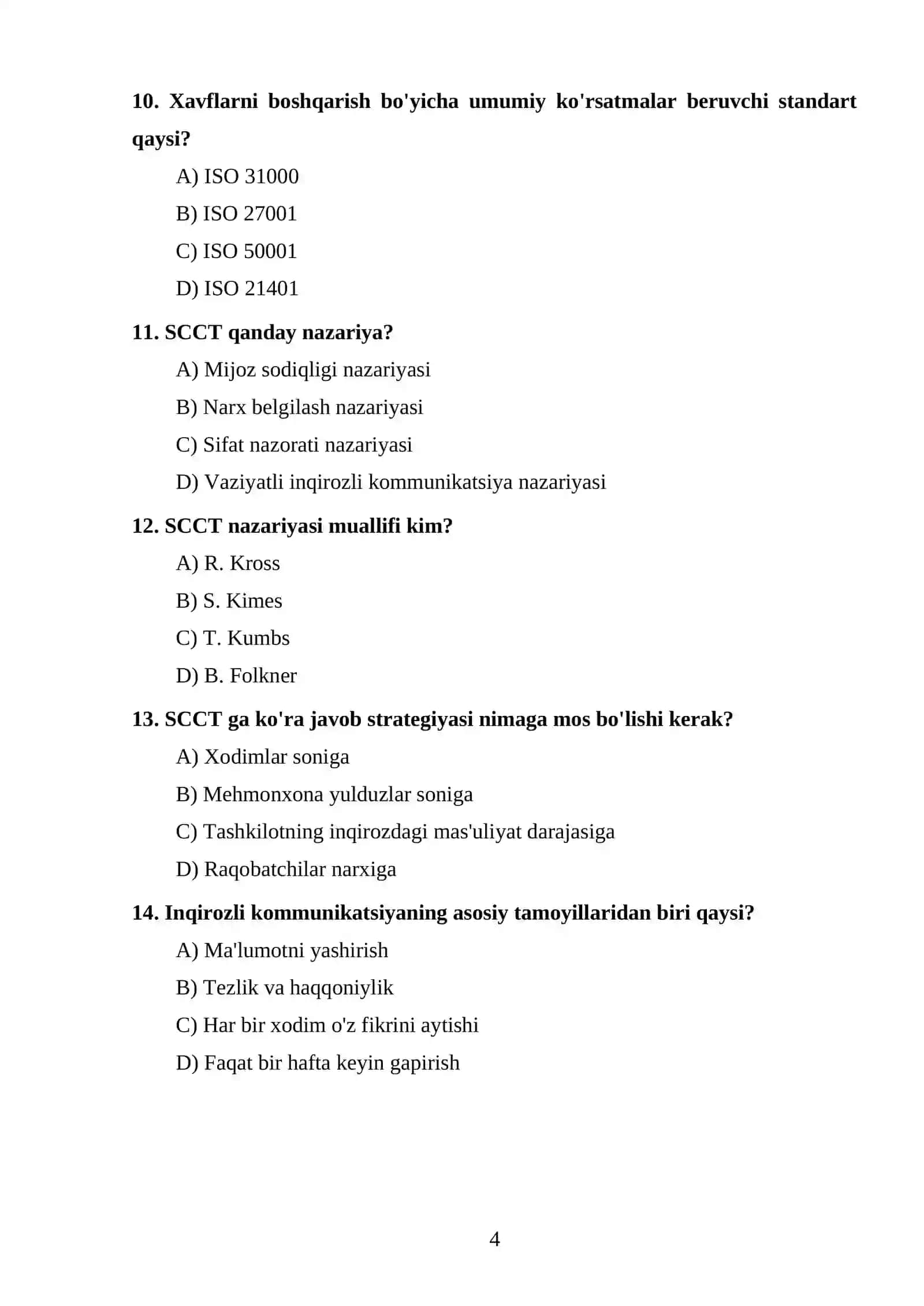 “Xalqaro mehmonxona menejmenti” fanidan TEST TOPSHIRIQLARI 4
