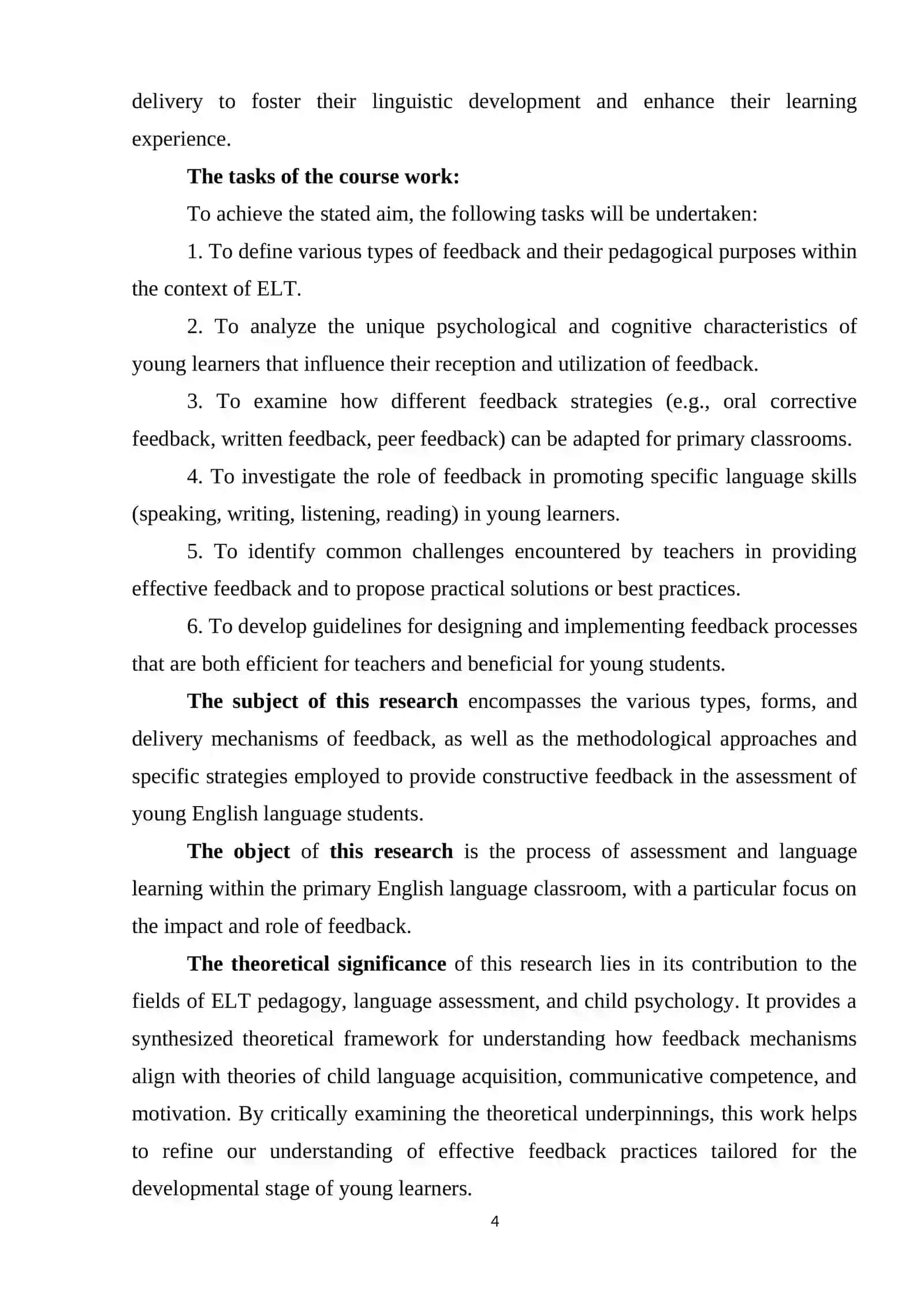 COURSE WORK: THE ROLE OF FEEDBACK IN THE ASSESSMENT OF YOUNG ENGLISH LANGUAGE STUDENTS 4
