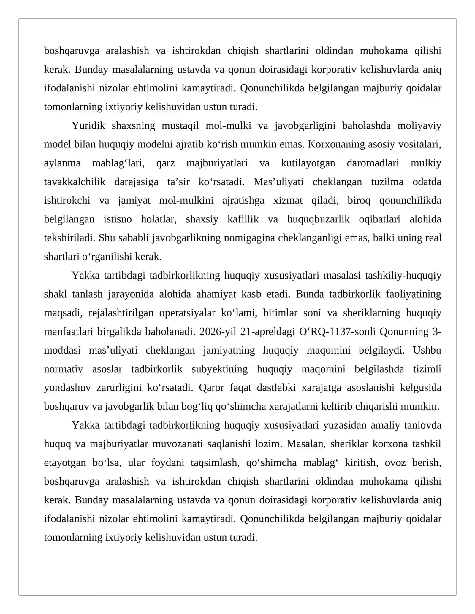 Tadbirkorlik faoliyati uchun tashkiliy-huquqiy shakl tanlash ishtirokchilar soni, sarmoya jalb qilish va mulkiy xatarlar asosida yechim ishlab chiqish.docx 4