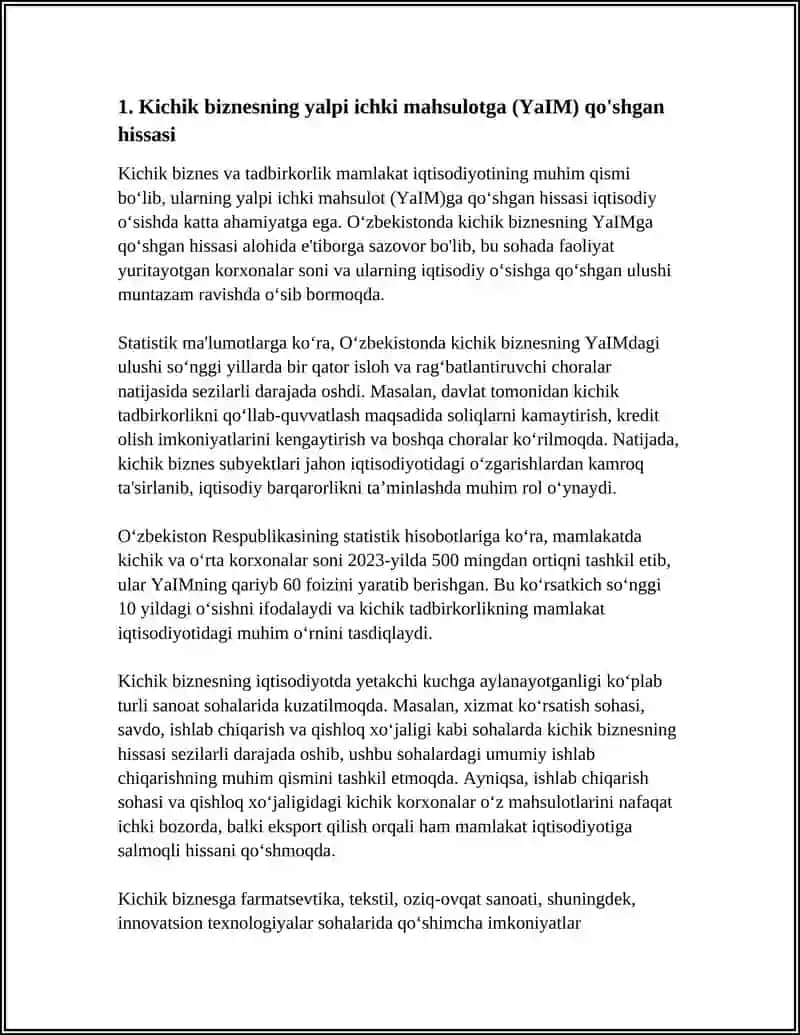Kichik biznes va tadbirkorlikning iqtisodiy o'sishga qo'shgan hissasi 4