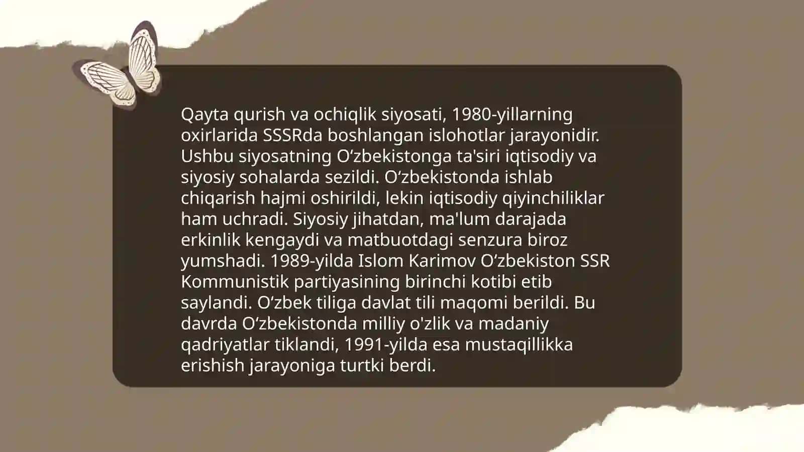 Qayta qurish davri: Oʻzbekistonda boshlangan islohotlar 4