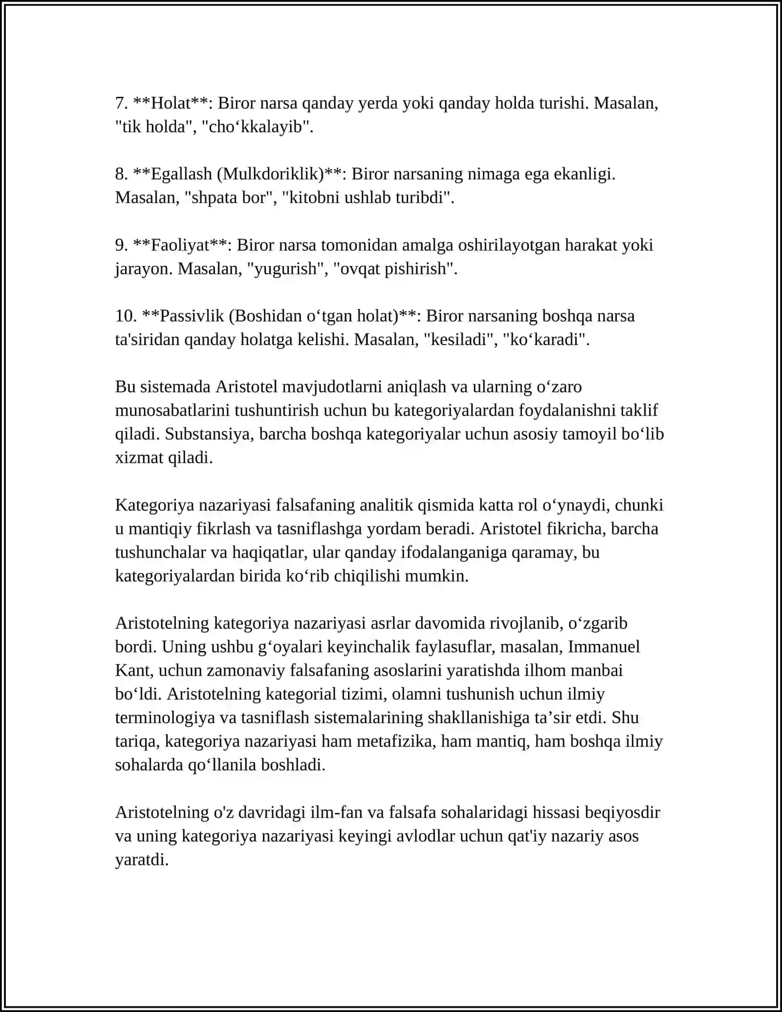 ARISTOTEL, FAROBIY VA KANT ONTOLOGIYASIDA KATEGORIYALARNING TASNIFI 4
