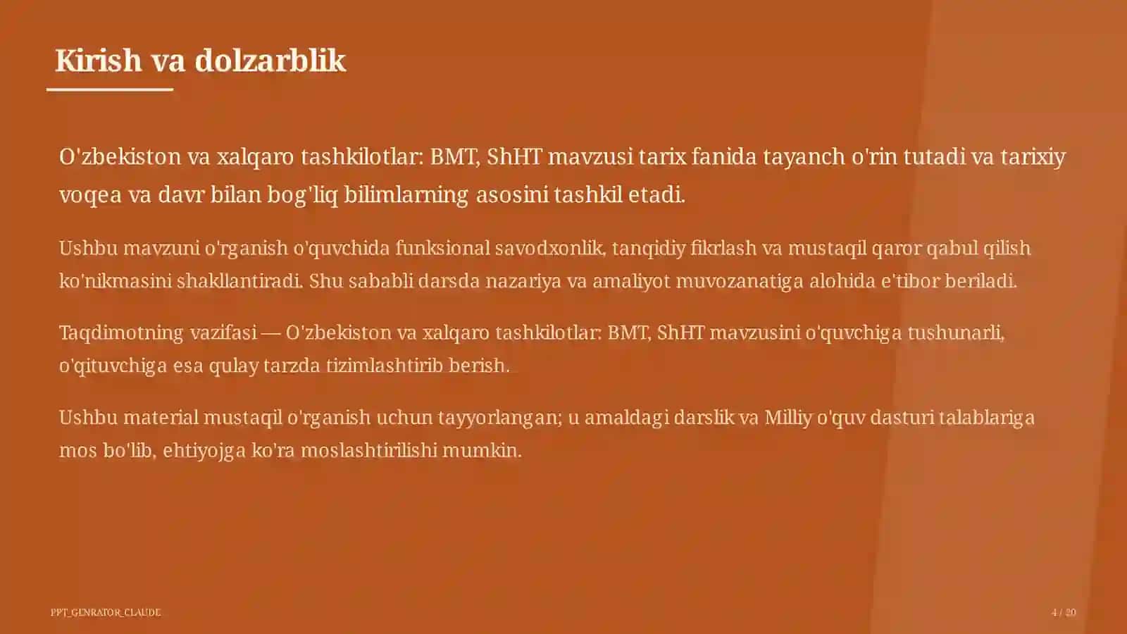 O'zbekiston va xalqaro tashkilotlar: BMT, ShHT (11-sinf) 4