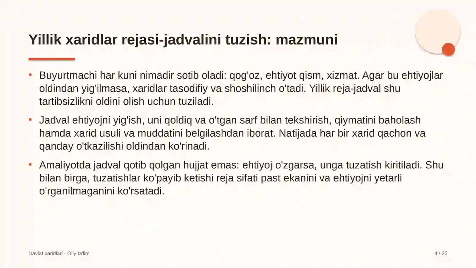 pedagogika oliy ta'lim muassasalarida yillik xaridlar rejasi jadvalini tuzish 7751 4