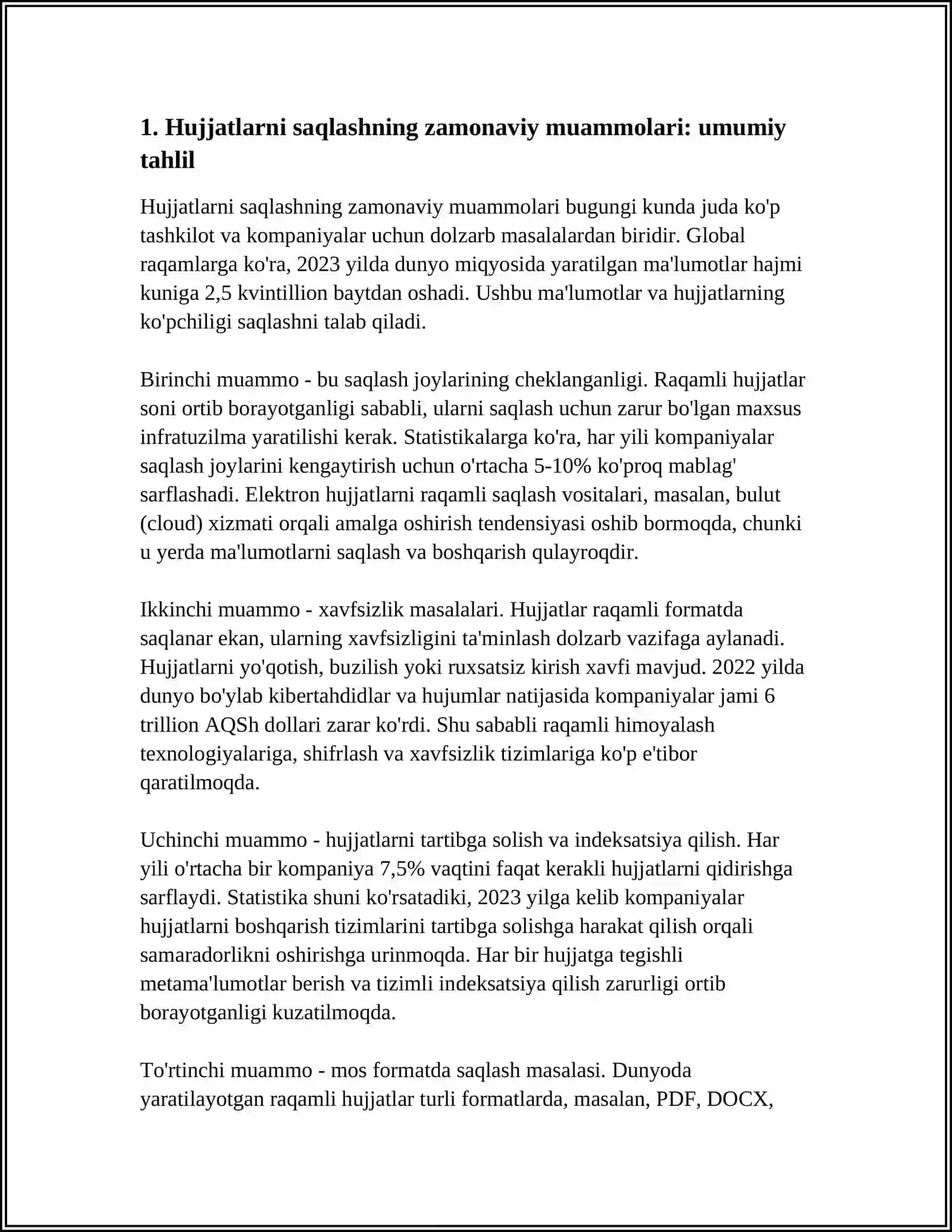 QOʻQON DAVLAT UNIVERSITETI BOSHLANGʻICH TAʼLIM FAKULTETI KAF YOʻNALISHI 4-KURS TALABASI TOʻRAQULOVA FERUZA HUJJATSHUNOSLIK AXBOROT TAXLILI FANIDAN HUJJATLARNI SAQLASHNING ZAMONAVIY MUAMMOLARI MAVZUIDA REFARAT 4