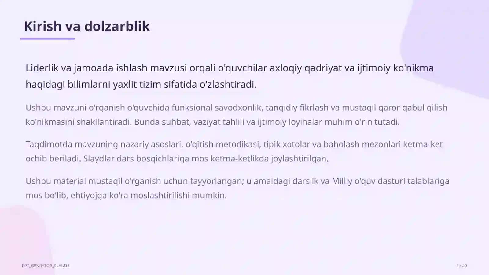 Tarbiya fani (1–11) — mustaqil o'rganish uchun 4