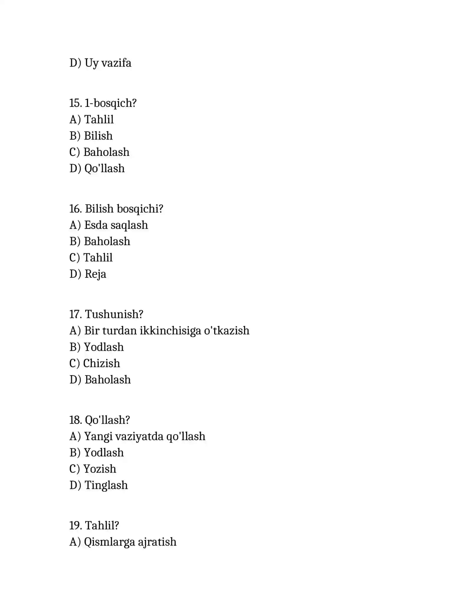 Blum taksonomiyasi bo'yicha test 4