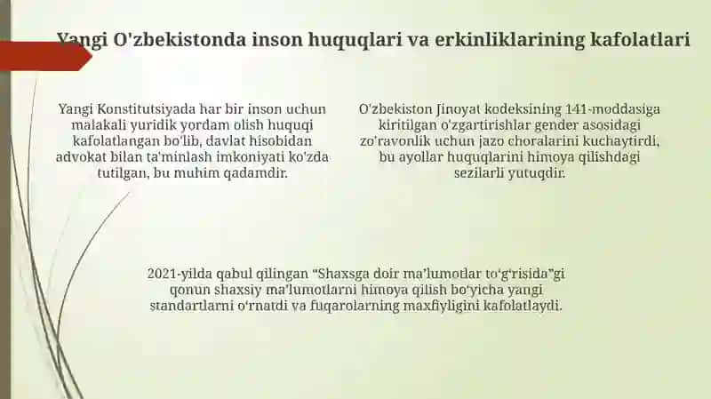 Yangi O‘zbekistonda inson haq-huquqlari va erkinliklari kafolatining yaratilishi 4