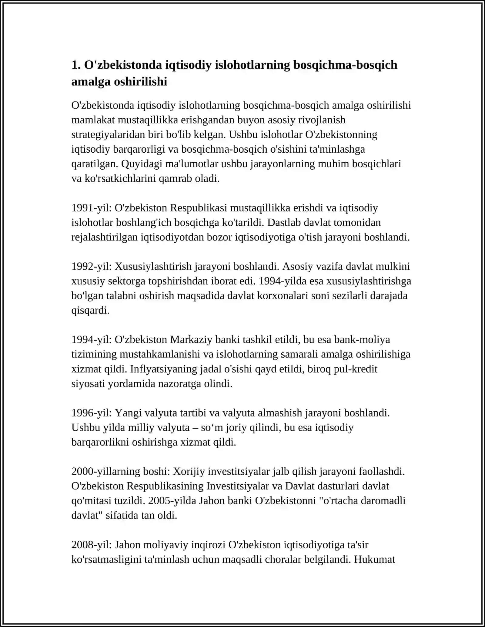 IQTISODIY ISLOHOTLAR, XUSUSIY MULKCHILIKNING SHAKLLANISHI. O'ZBEKISTONDA BOZOR MUNOSABATLARINING RIVOJLANISHI 4