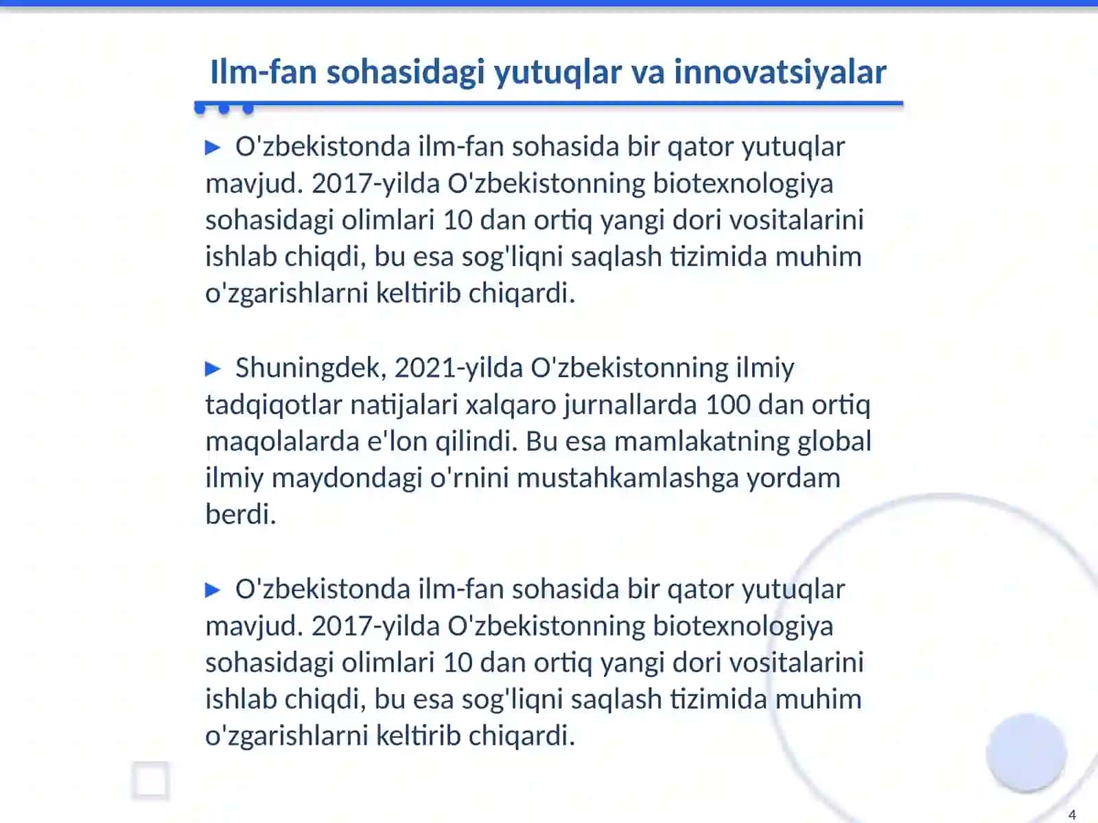 O'zbekistonning ilm-fan va texnologiya rivojlanishidagi yutuqlari va muammolari 4