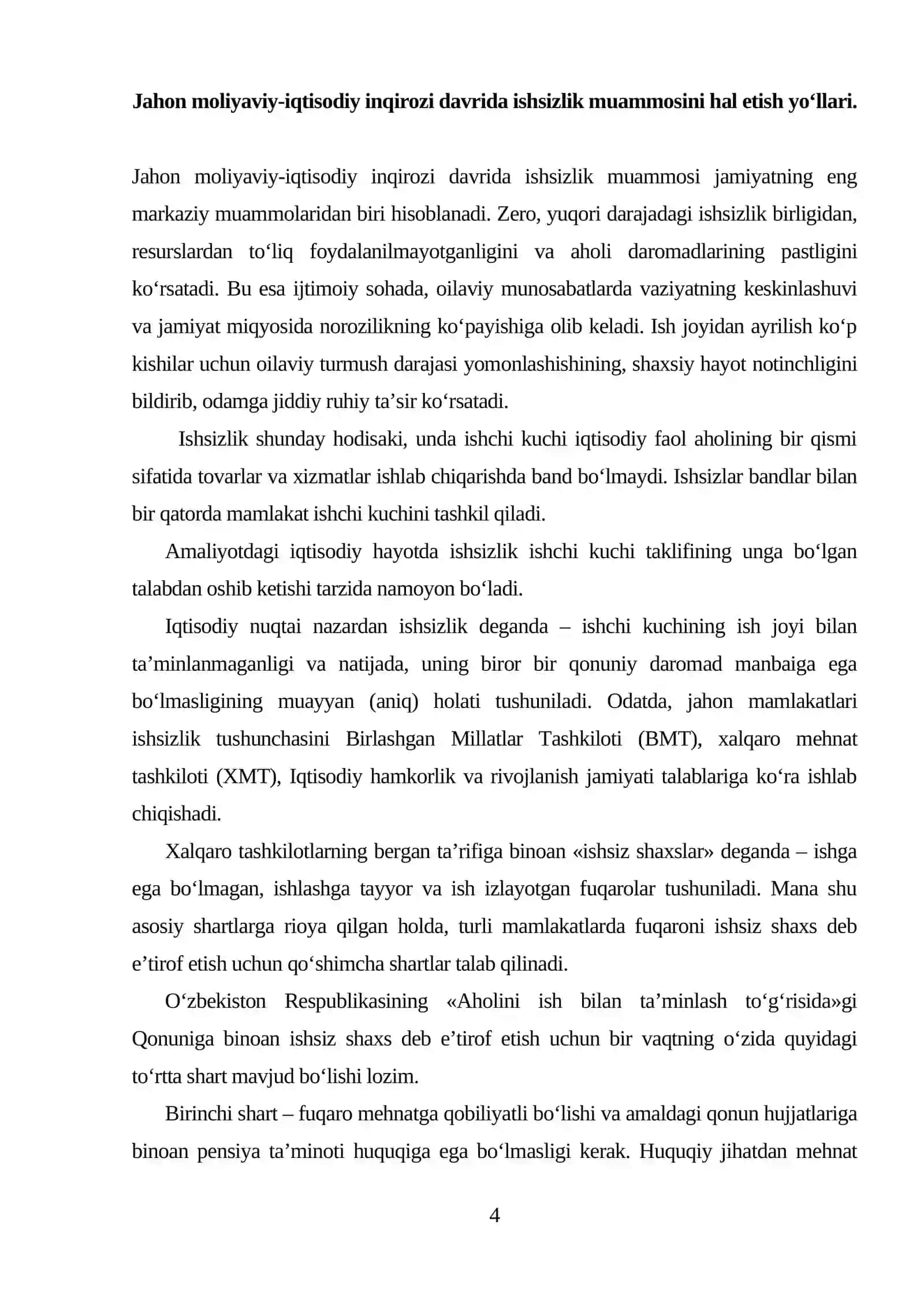 Ishsizlikni global muammo sifatida kelib chiqish sabablari va bartaraf etish usullari 4