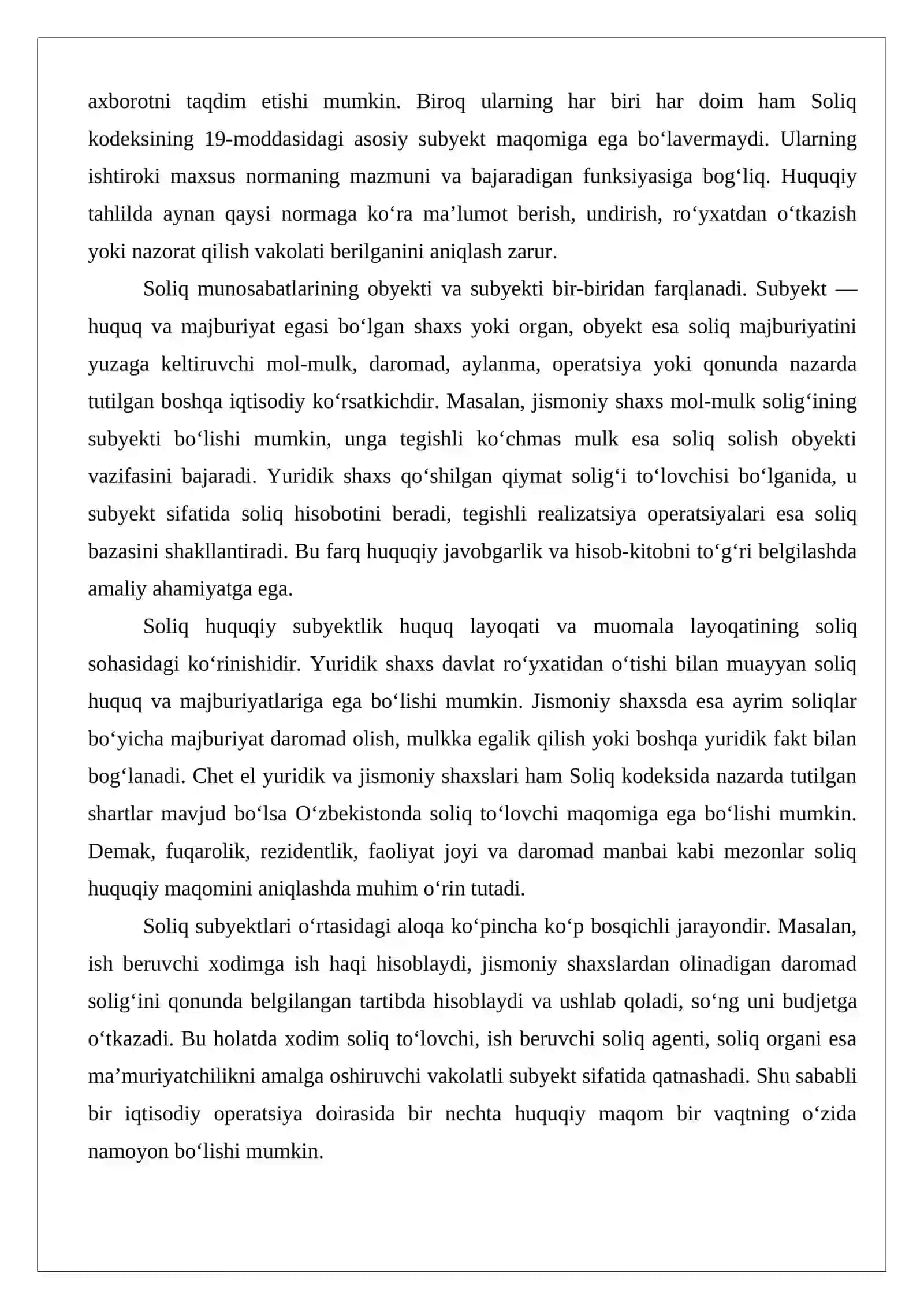 Soliq munosabatlarining subyektlari, ularning huquqlari va majburiyatlari 4