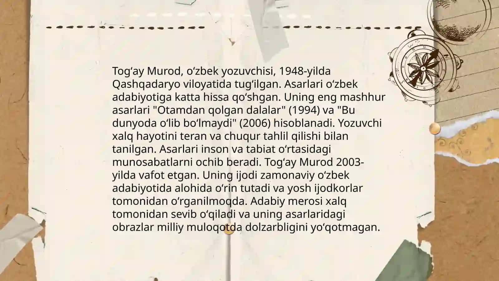 Togʻay Murod hayoti va ijodi. "Bu dunyoda oʻlib boʻlmaydi" asari 4