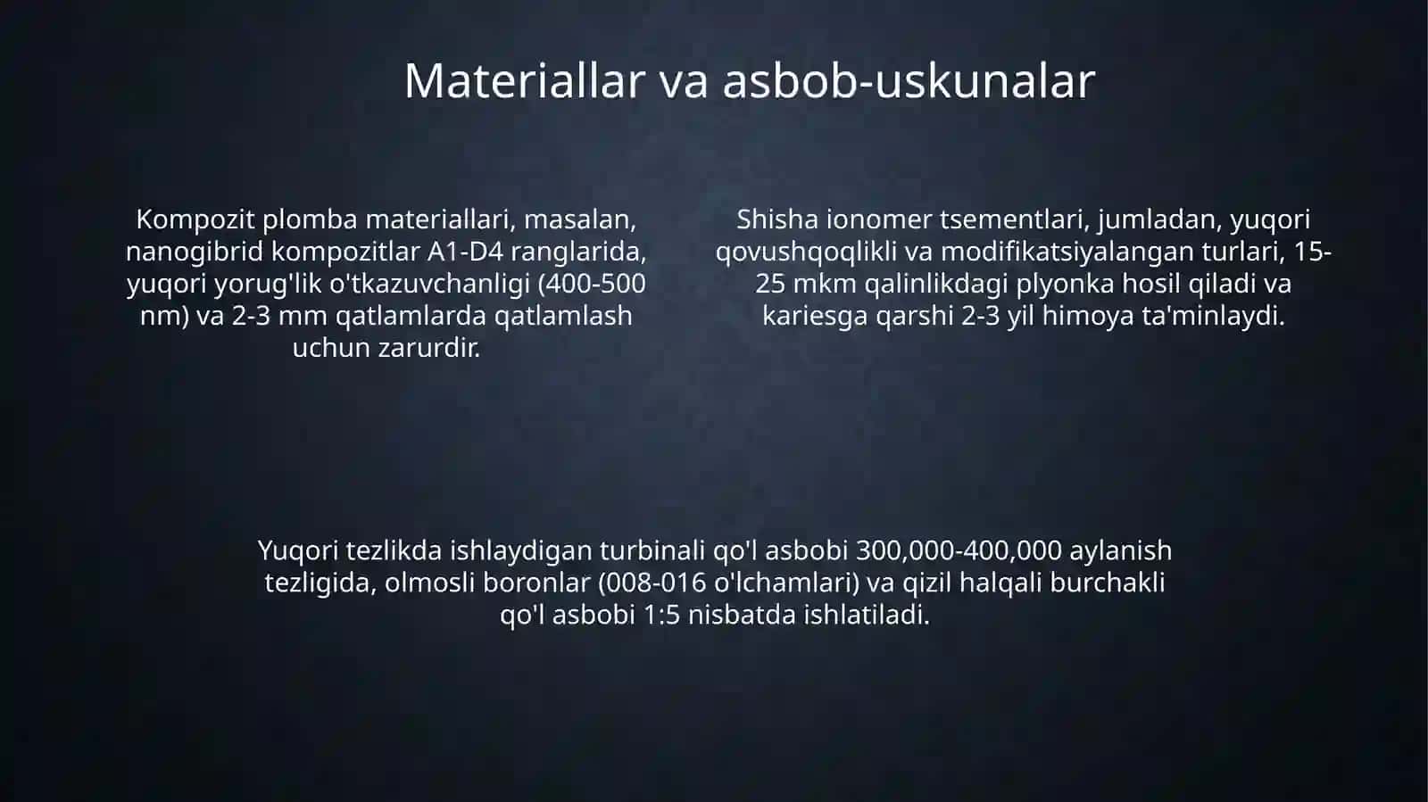 Fantomlarda VI sinf karioz bo'shliqlarini chiqarish va plombalash 4