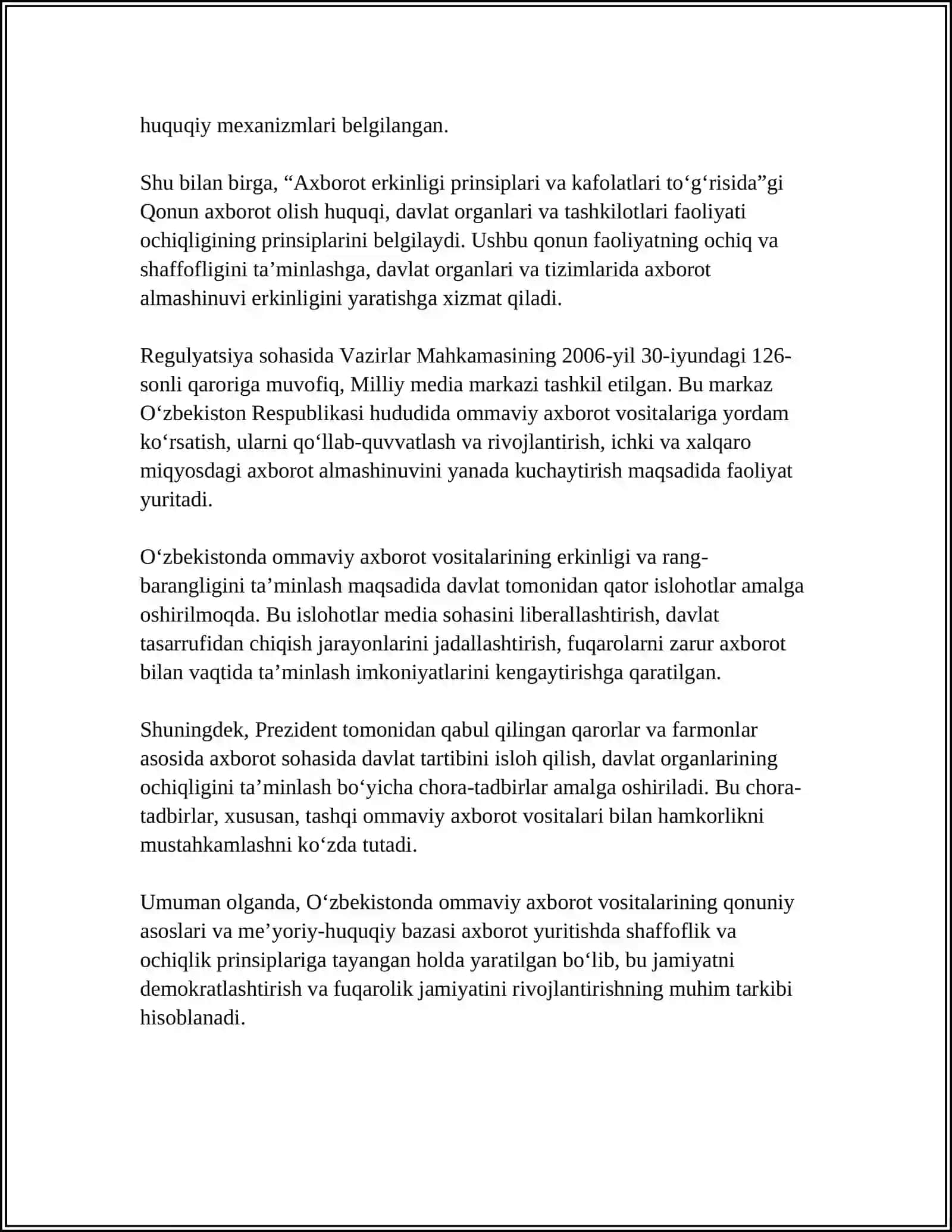 O‘ZBEKISTON RESPUBLIKASIDA OMMAVIY AXBOROT VOSITALARINING FAOLIYATI 4