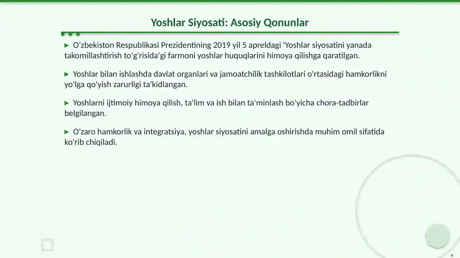 Oʻzbekiston Respublikasida Yoshlarga Oid Qonun, Qaror, Farmon va Konsepsiyalar 4