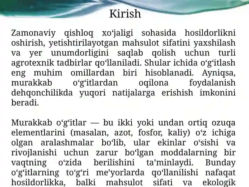 Murakkab o`g`itlarning me`yorlarini qishloq xo`jalik ekinlari hosili va sifatiga ta`siri 4