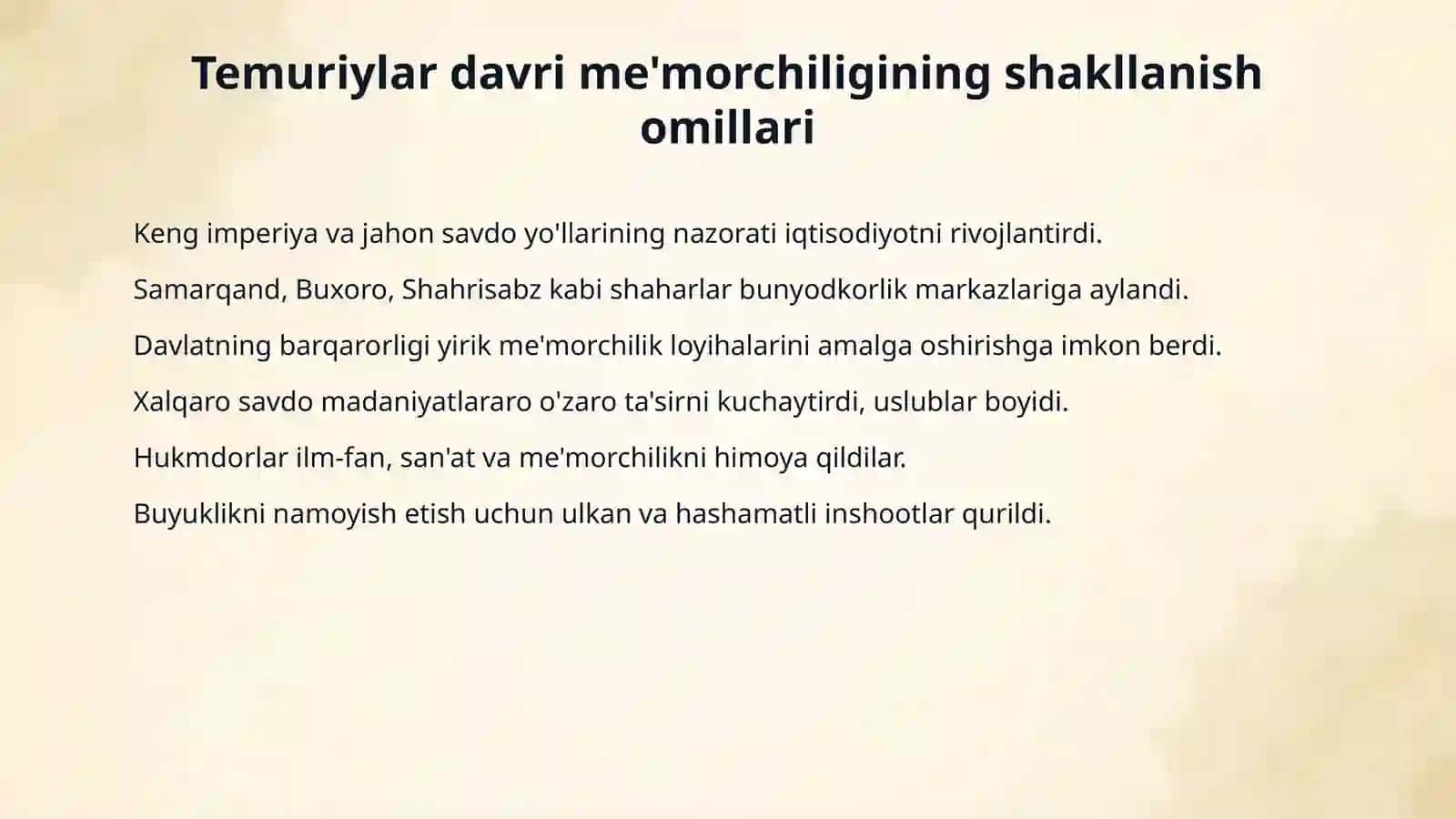 TEMURIYLAR DAVRI ME'MORCHILIGI 4
